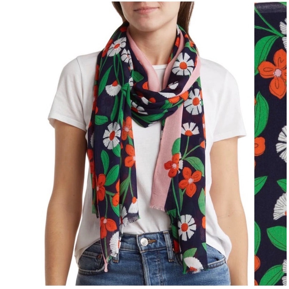 Kate Spade New York Floral Scarf Navy Pink Viscose Eyelash Fringe NWT